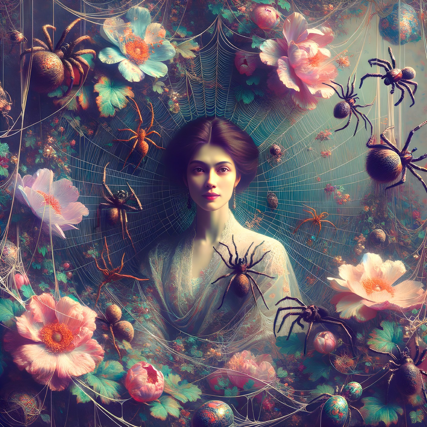Woman in intricate web with flowers, spiders, and orbs in fantasy scene