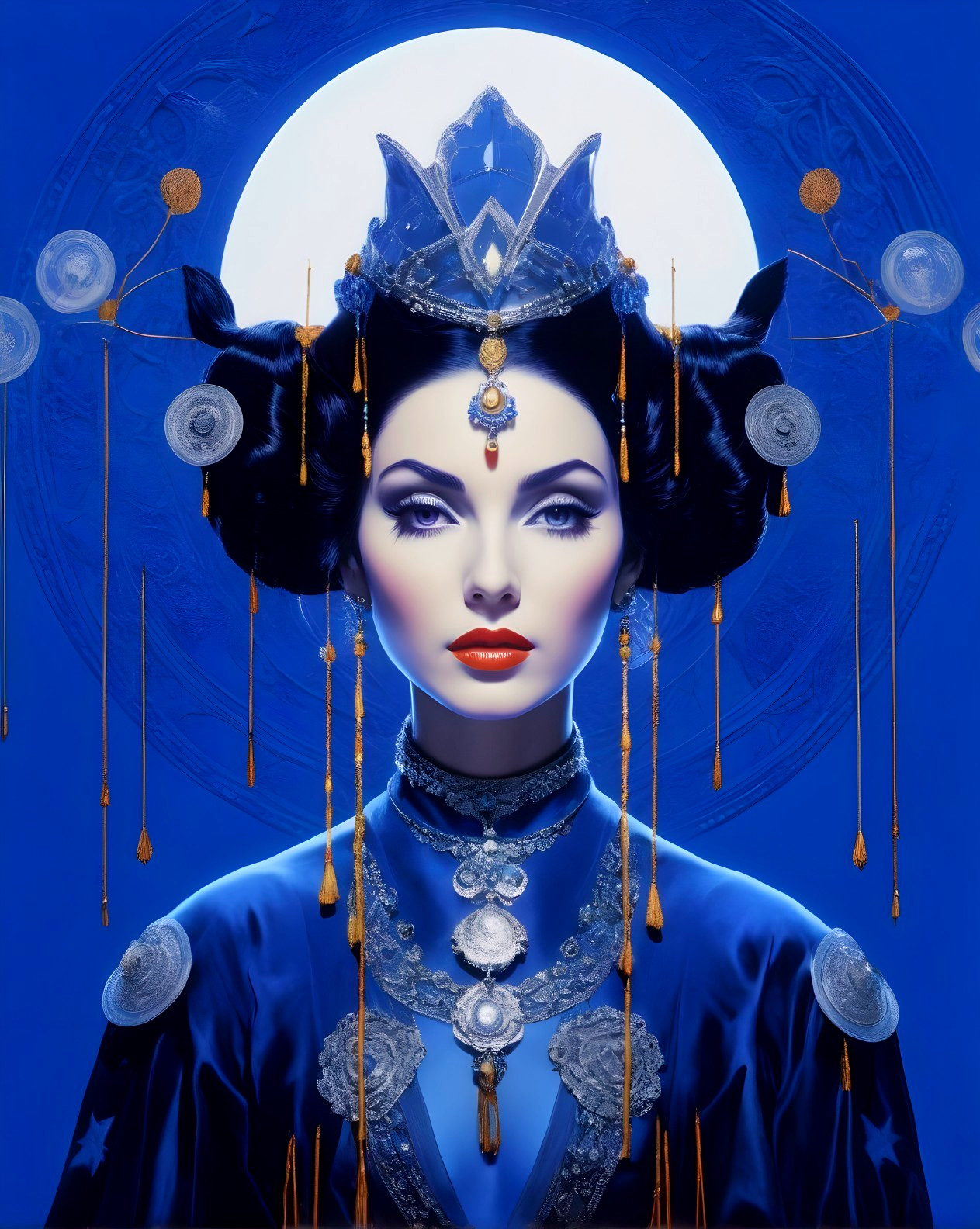 Regal woman with celestial headdress in blue gown against moon backdrop