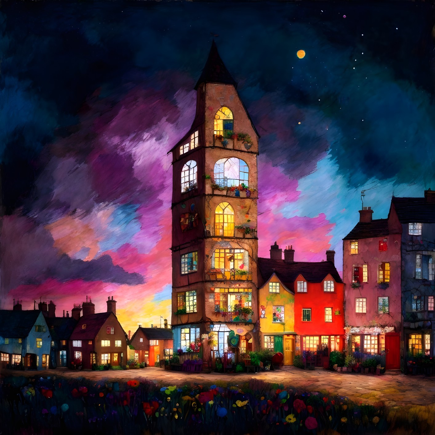 Vibrant painting of tall tower-house at dusk with glowing windows