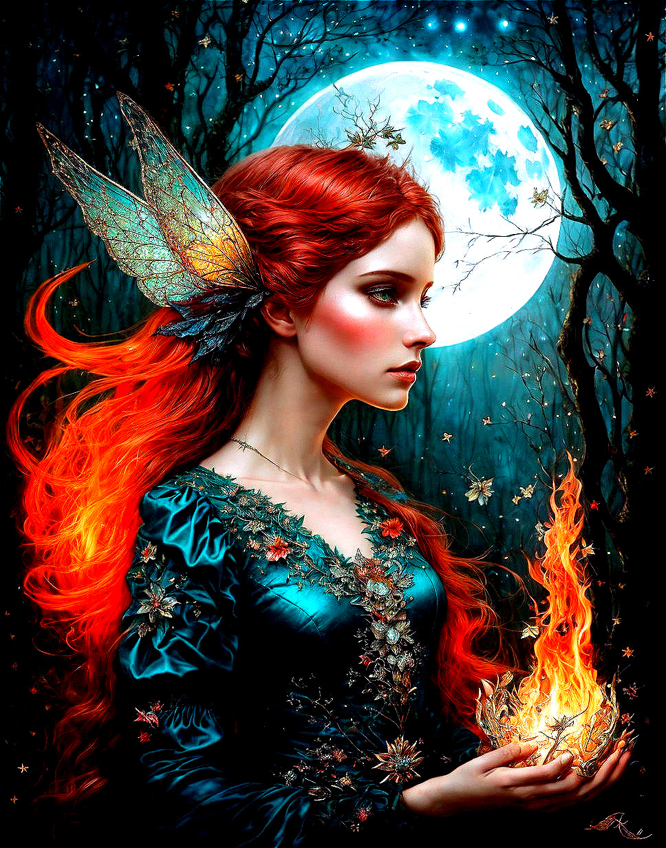 Red-Haired Fairy in Moonlit Forest with Small Fire