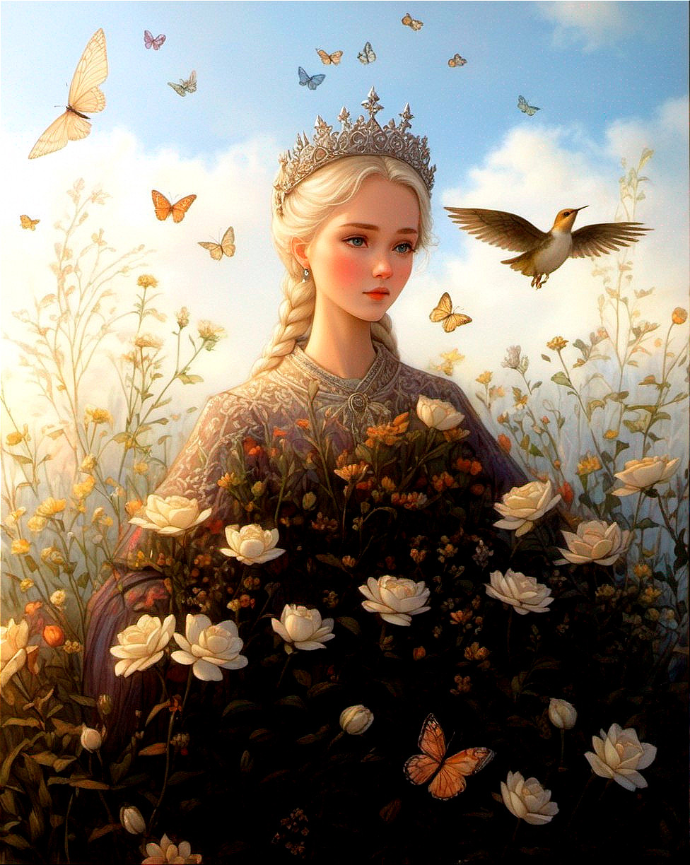 Regal woman with crown, white flowers, butterflies, and bird illustration