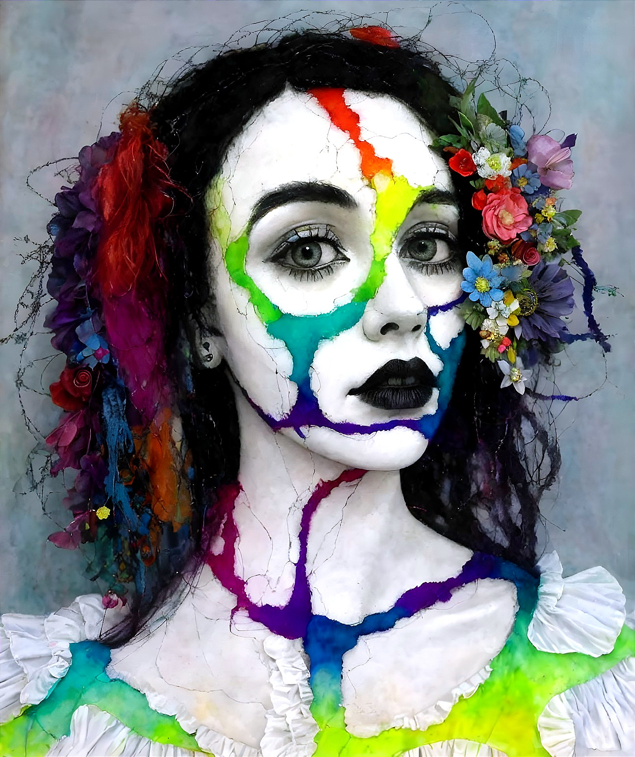 Woman with colorful face paint and flowers alongside grayscale makeup