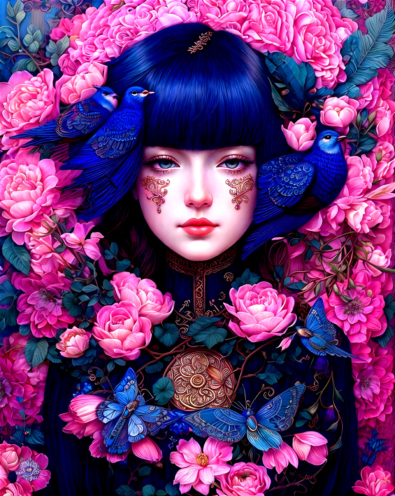 Woman with Blue Hair Surrounded by Roses, Birds, Butterflies, and Ornate Patterns