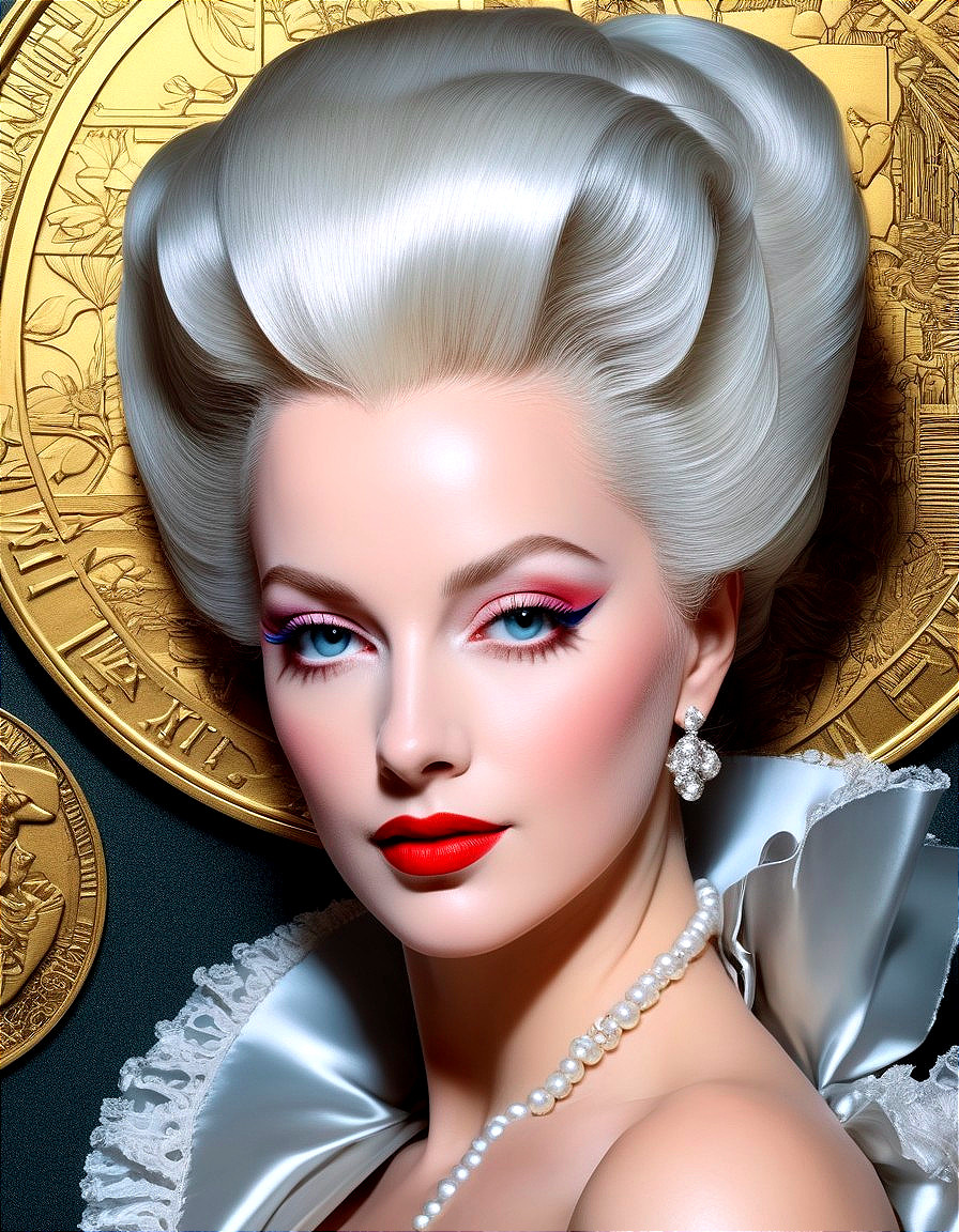 Vintage-inspired woman illustration with bold makeup and pearl accessories on golden backdrop