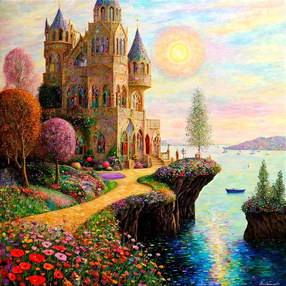 Sunset painting of castle on cliff with garden path and floating flower boats