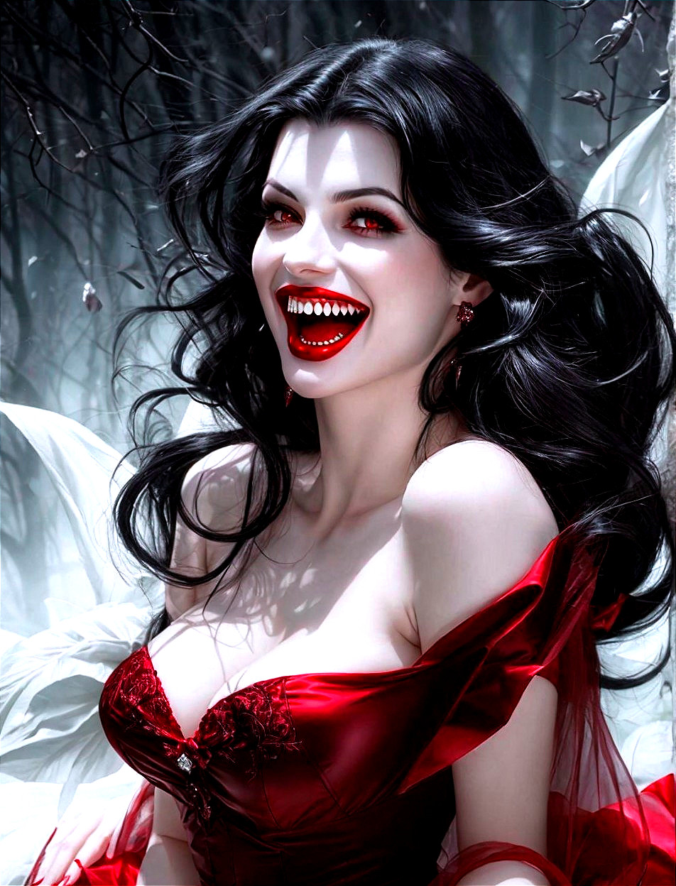 Smiling vampire woman digital artwork in red dress