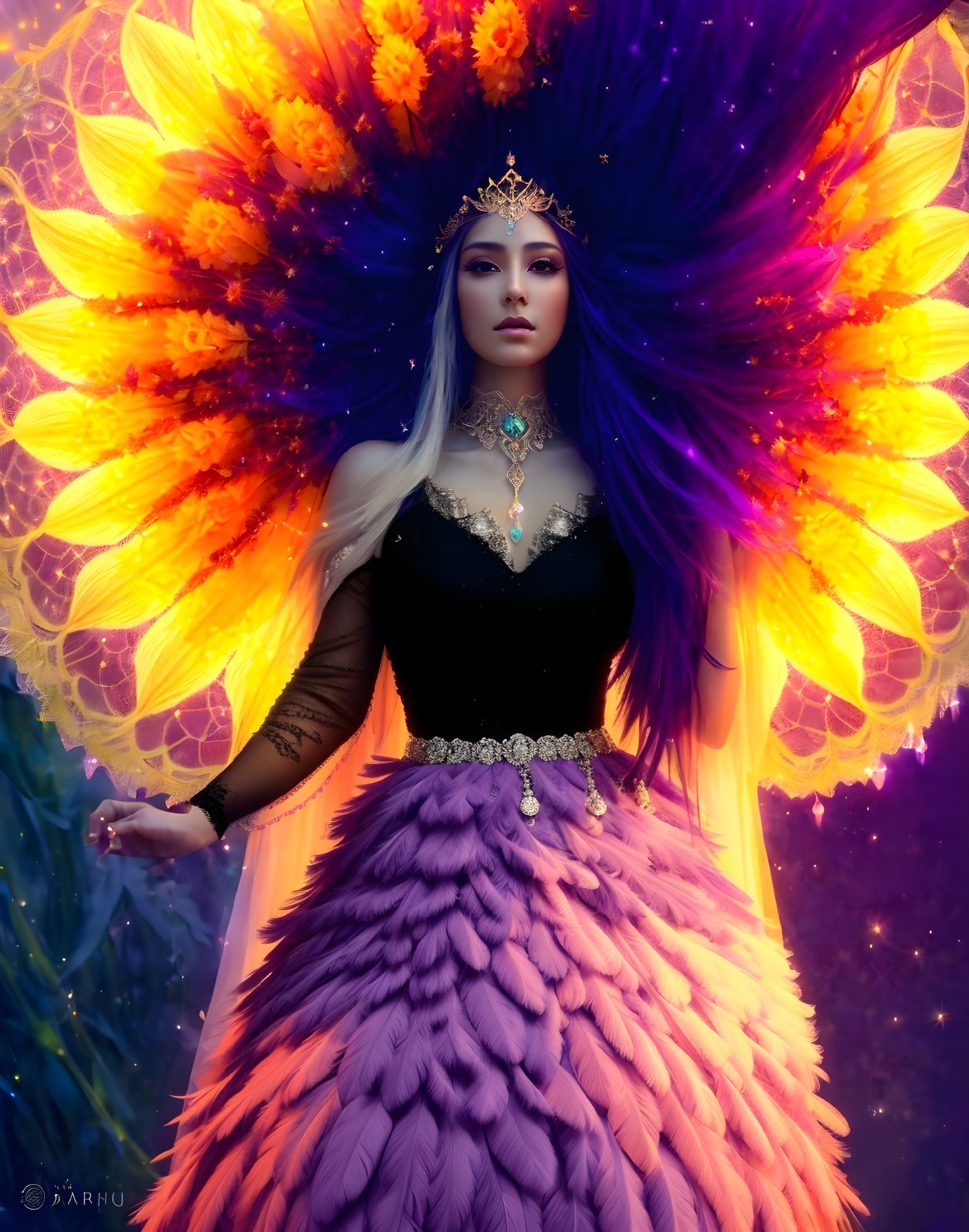 Regal woman in black bodice and feathered skirt with crown and jewels on vibrant floral backdrop