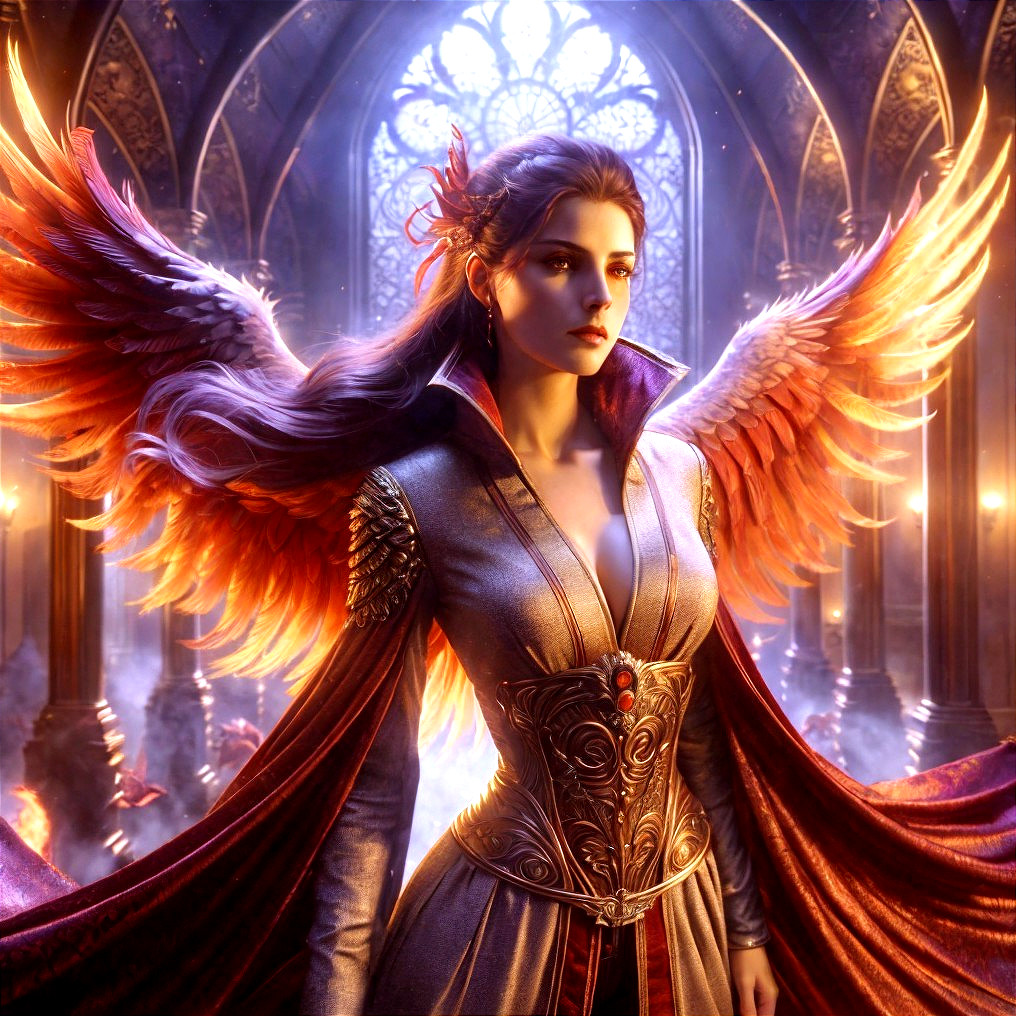 Digital Art: Woman with Vibrant Angel Wings in Gothic Cathedral