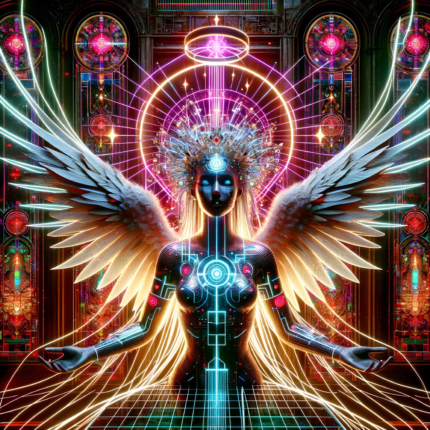 Futuristic angelic robot with wings in neon-lit cathedral