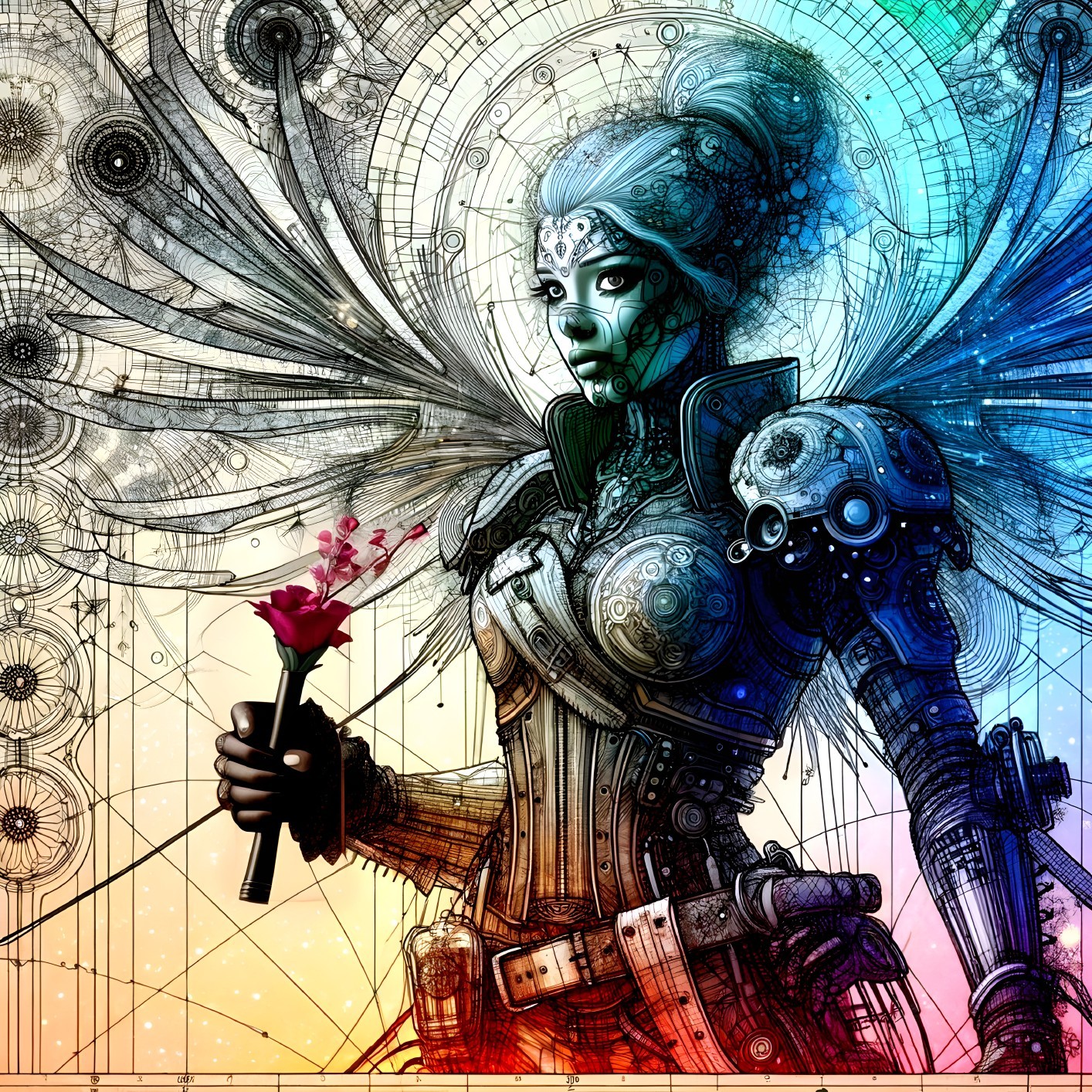 Vibrant female cyborg art with red flower and intricate background patterns