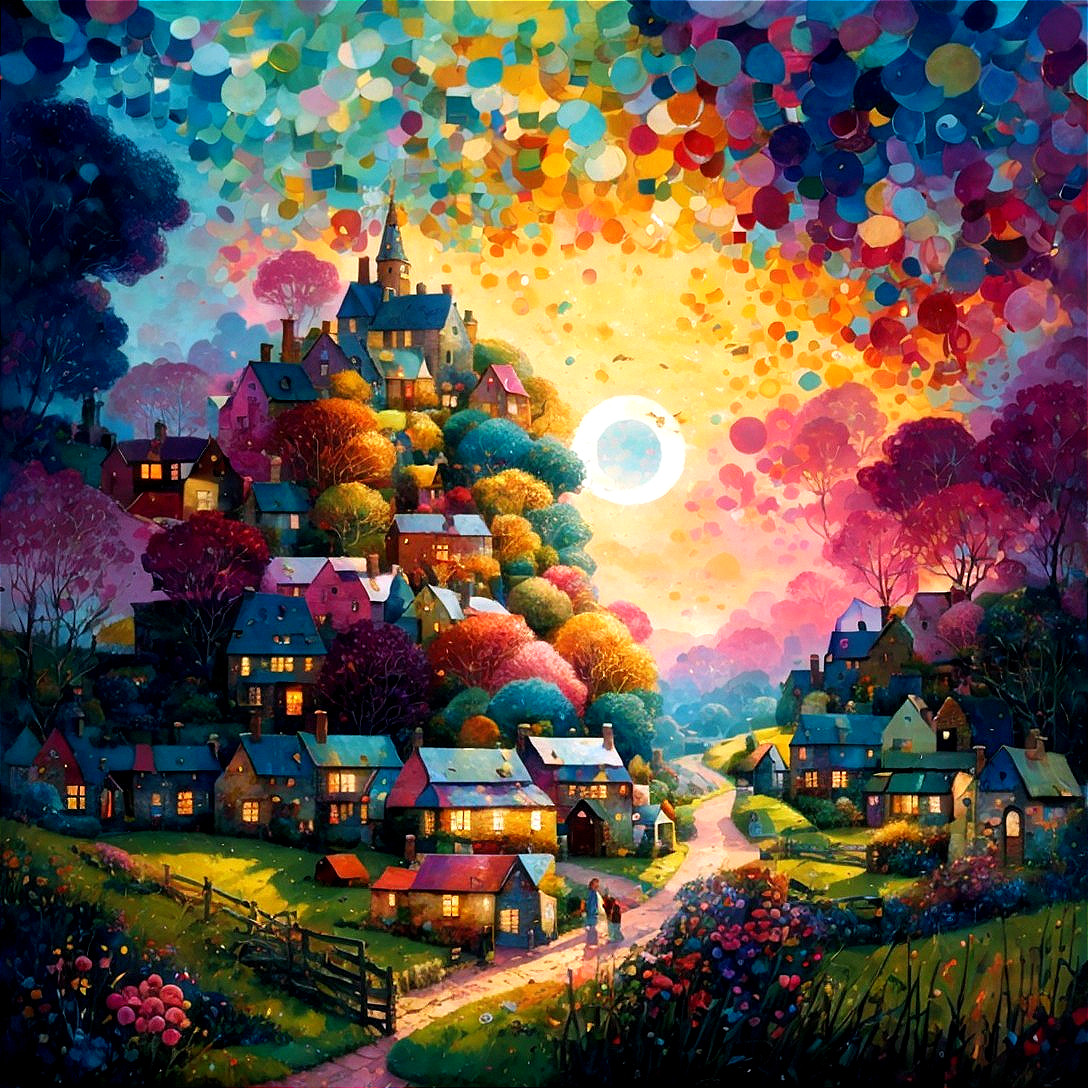 Colorful Village Painting with Multicolored Trees and Bright Full Moon
