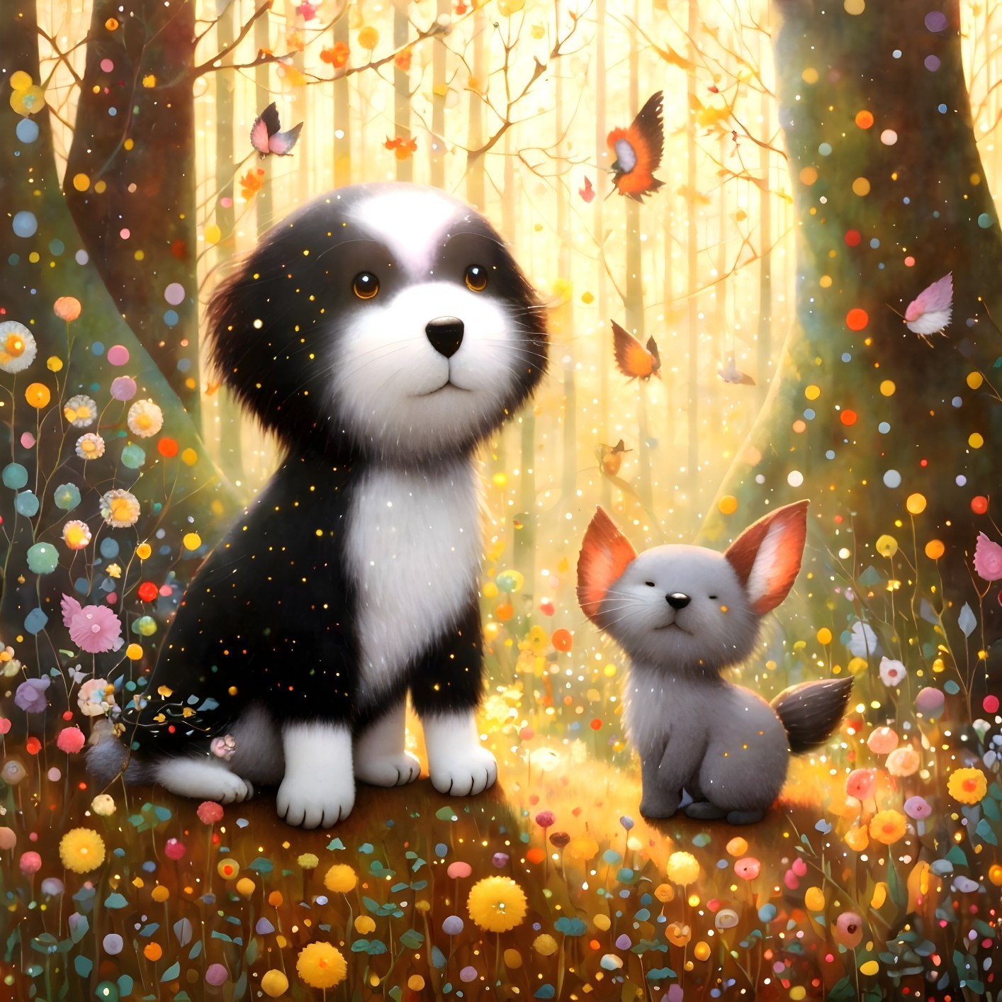 Illustration of Cute Dog and Fox in Magical Forest with Butterflies