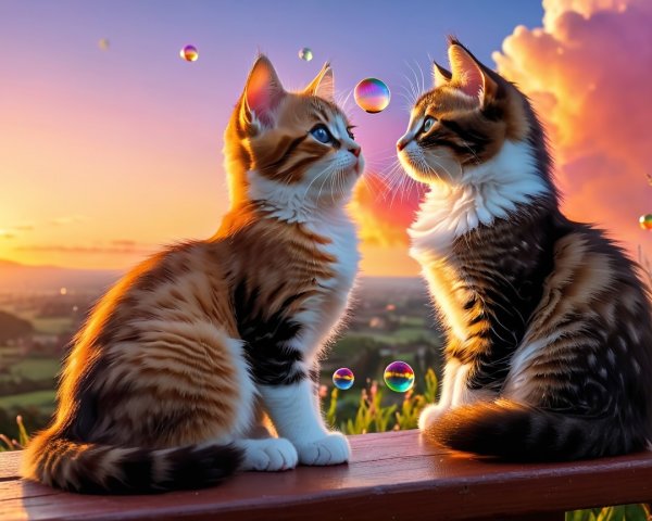 Fluffy Tabby Kittens at Sunset with Colorful Bubbles
