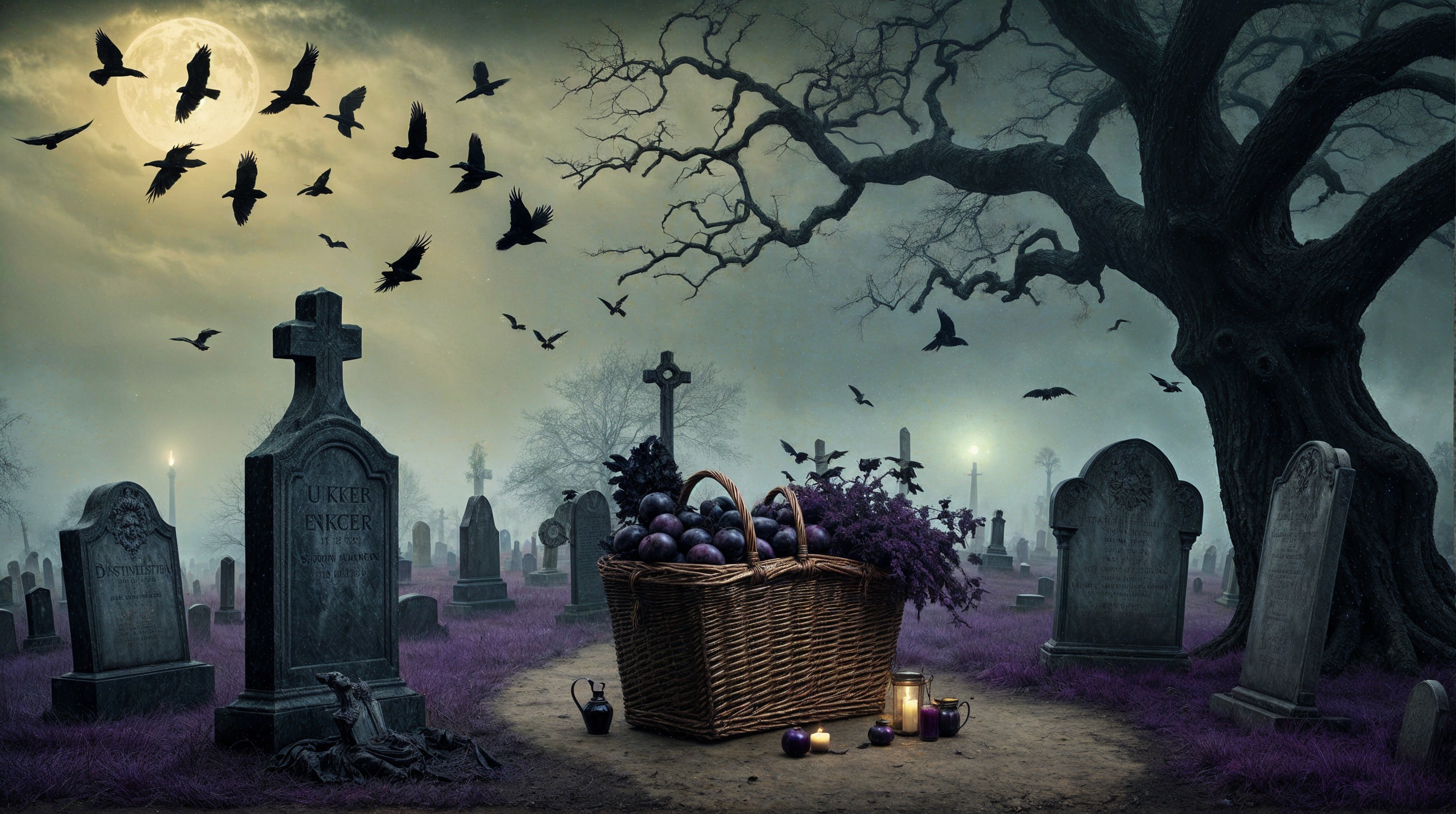 Cemetery Scene with Mist, Moonlight, and Bats