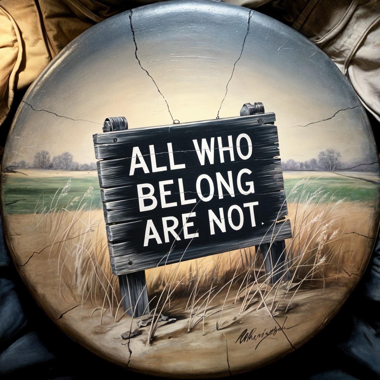 Round Painted Sign with Thought-Provoking Message