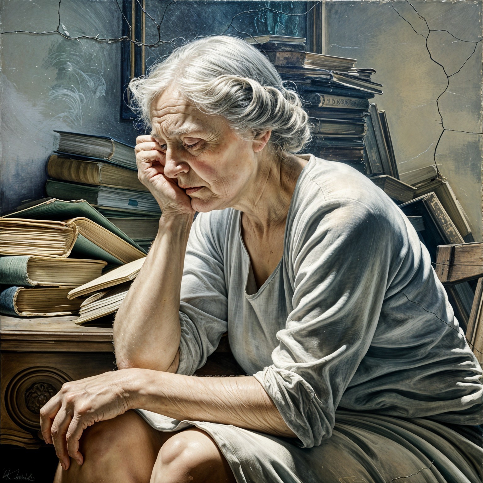 Elderly Woman in Contemplation Beside Books