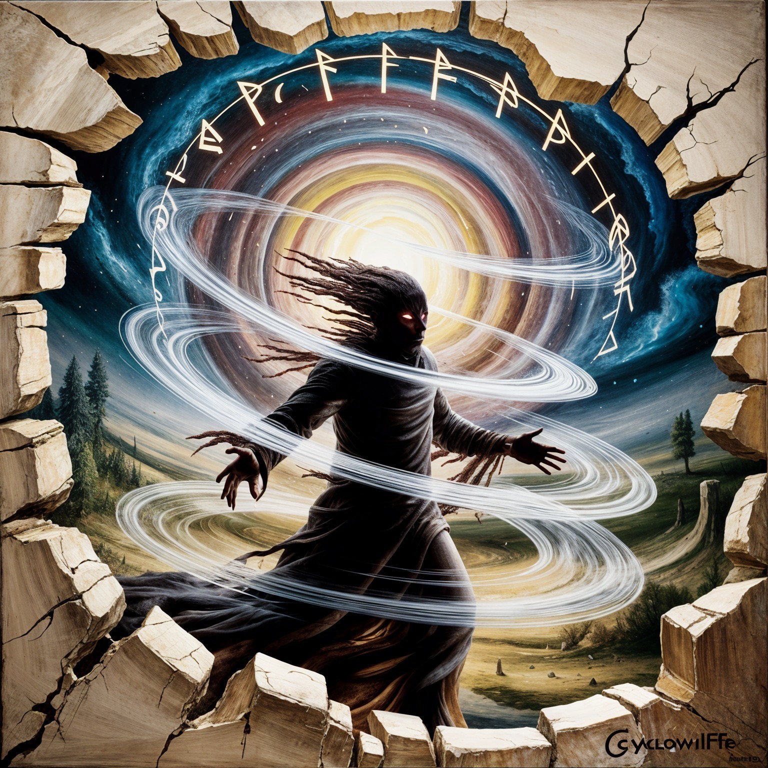 Dark Figure Emerging from Cracked Wall in Cosmic Scene