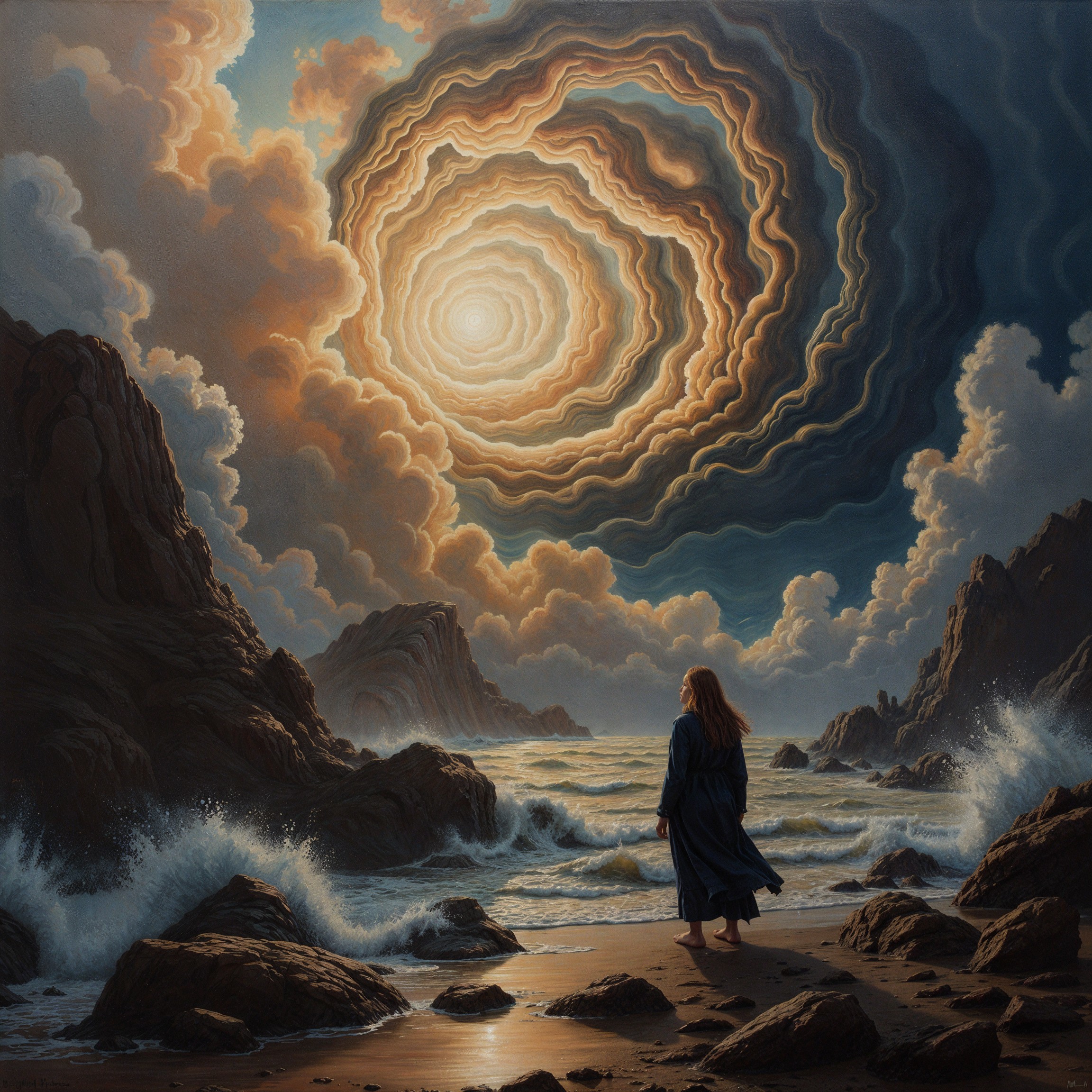 Surreal Coastal Scene with Flowing Blue Dress and Sky