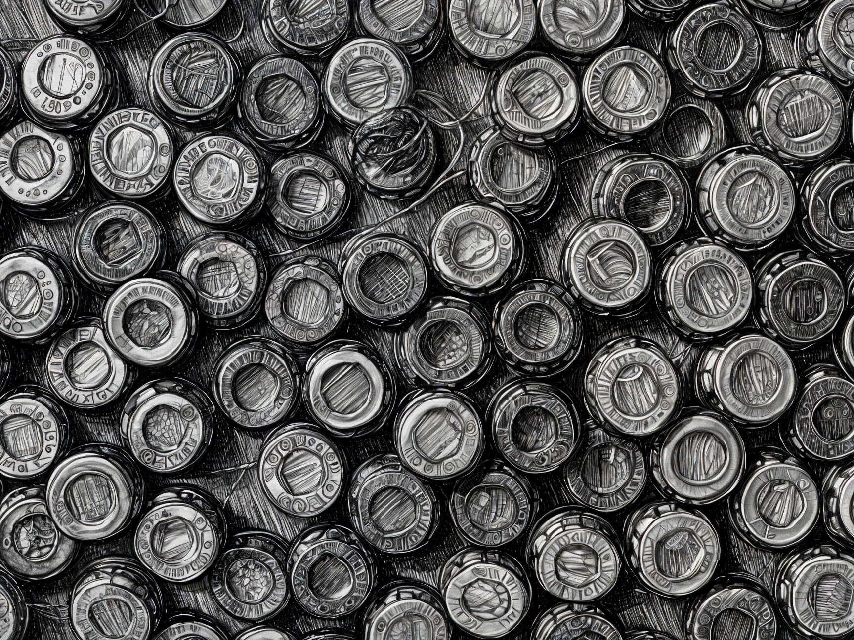 Close-Up View of Metallic Bottle Caps with Designs