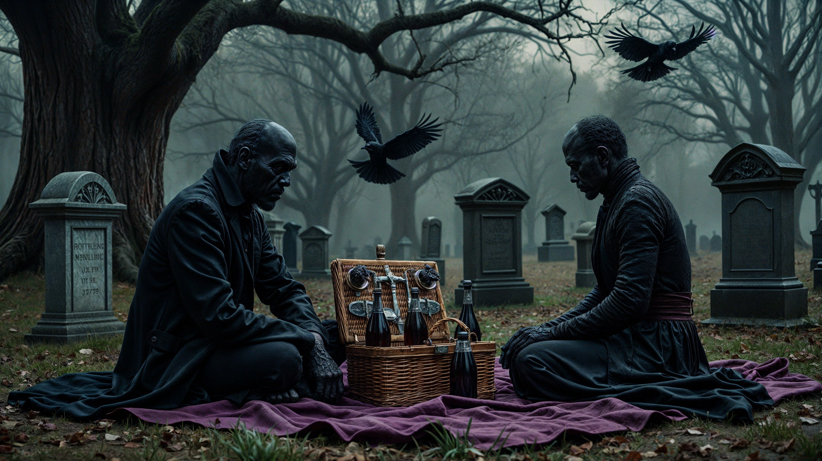 Figures in Dark Clothing Picnic in Misty Graveyard