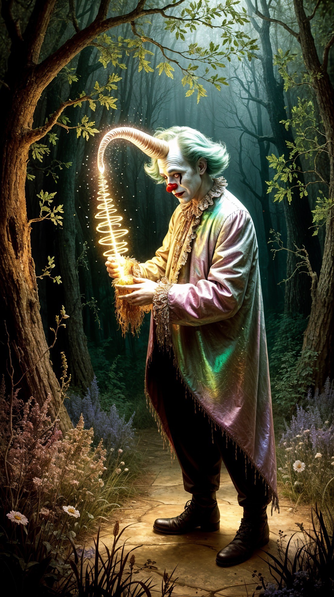 Whimsical Clown in a Mystical Forest Setting