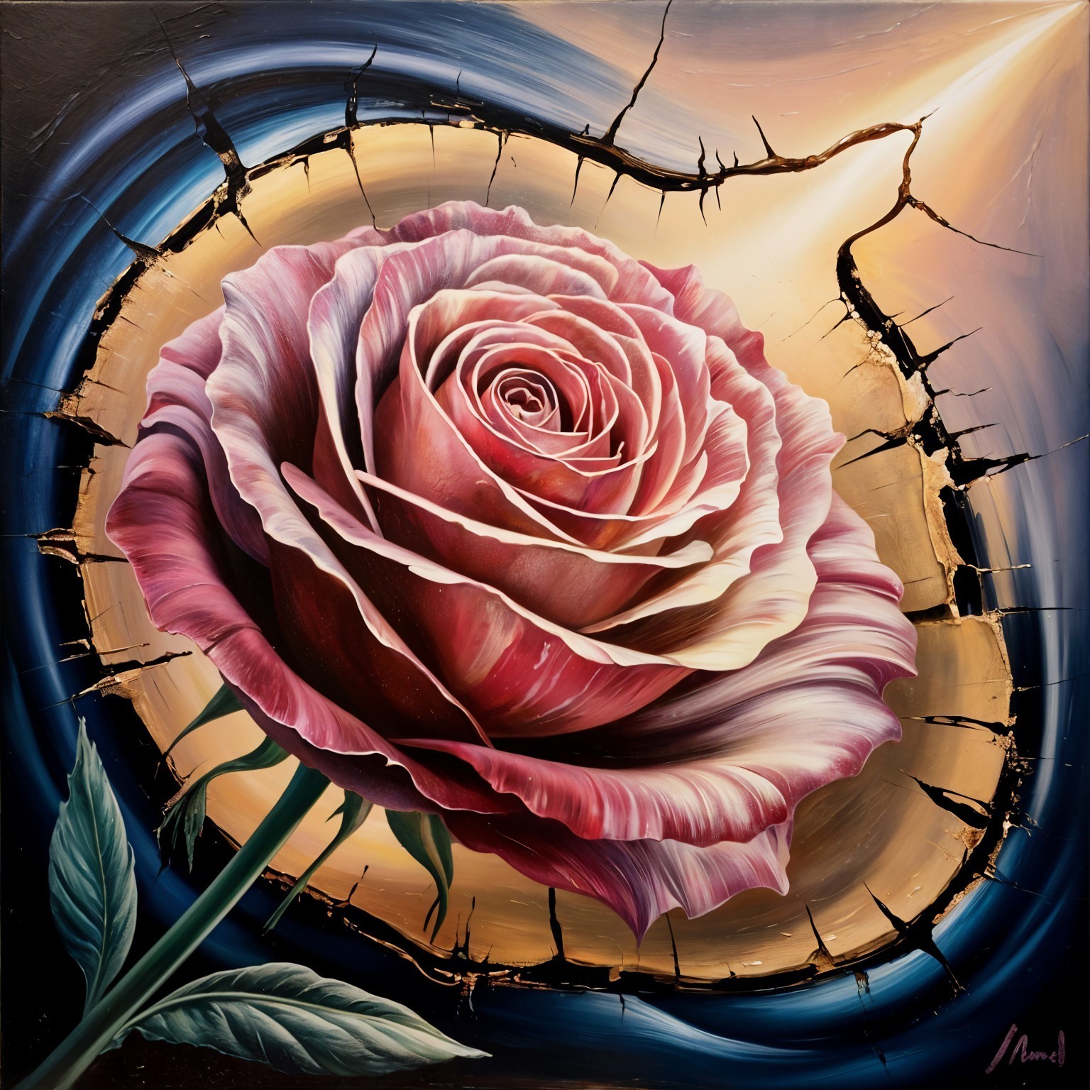 Hyper-realistic rose with intricate pink and cream petals