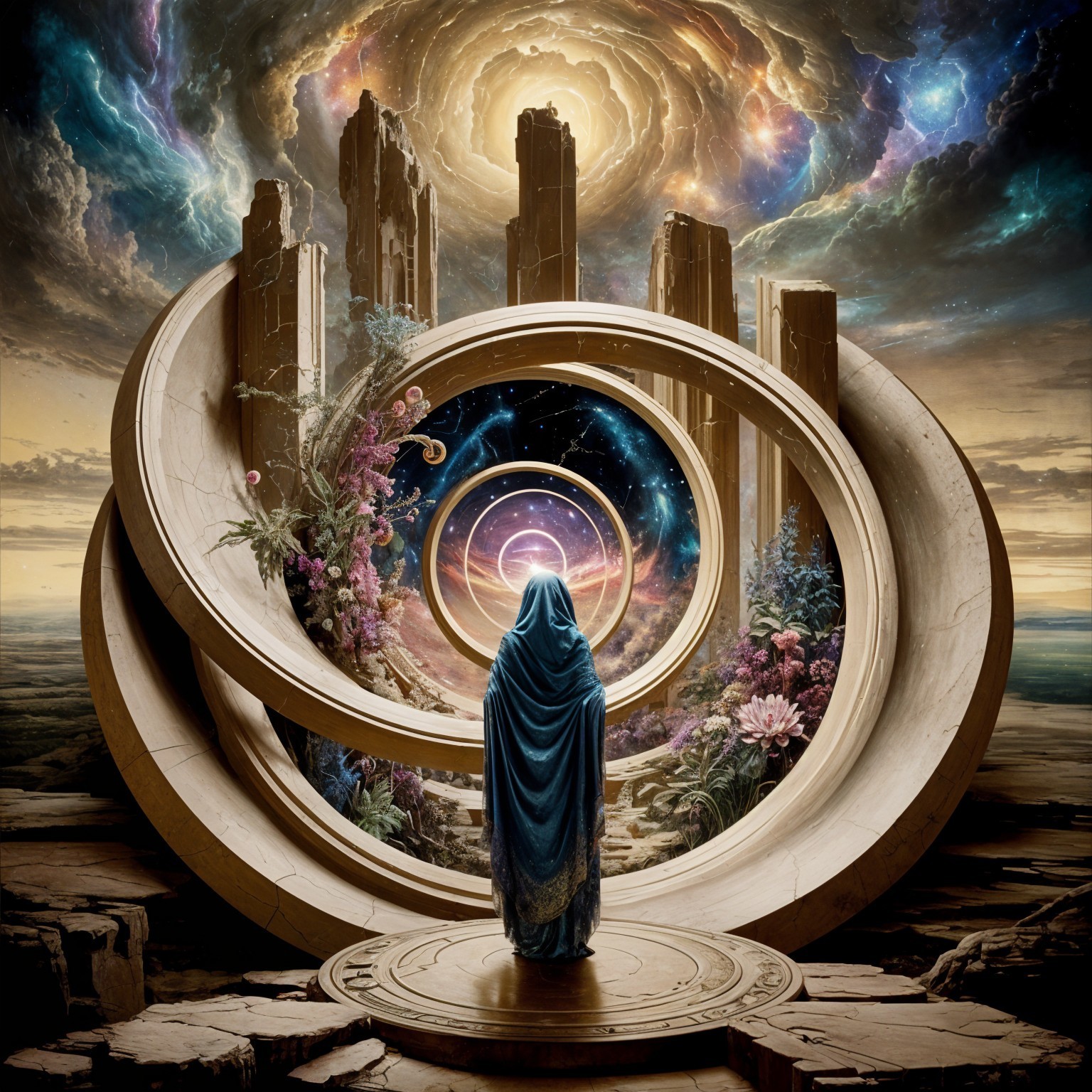 A cloaked figure before a cosmic portal and stone structures