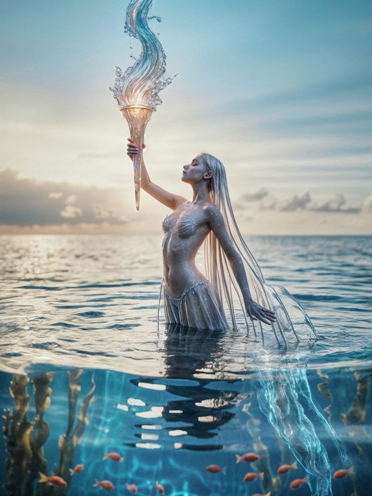 Mystical Ocean Figure with Shimmering Vessel and Fish