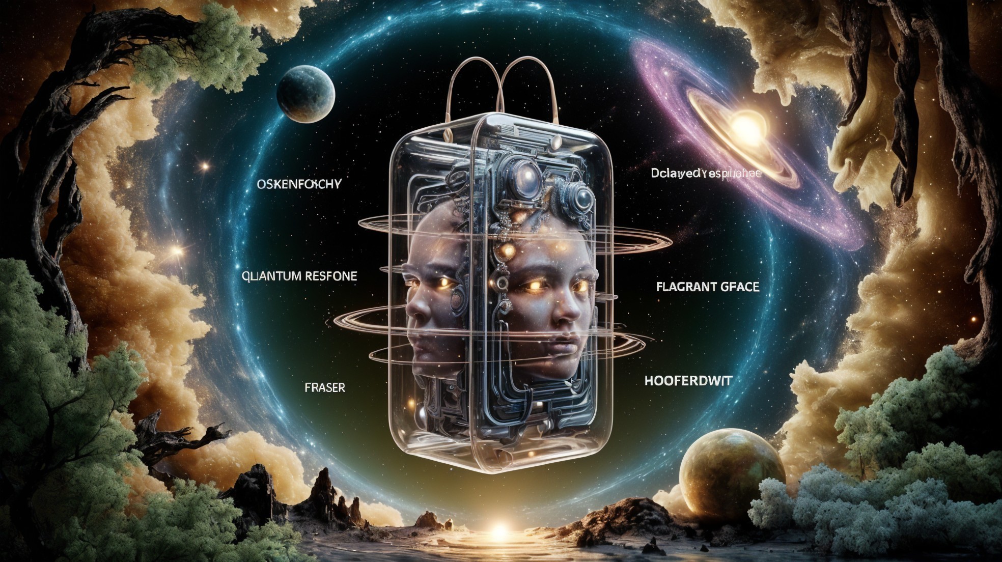 Futuristic Chamber with Glowing Faces and Galaxies
