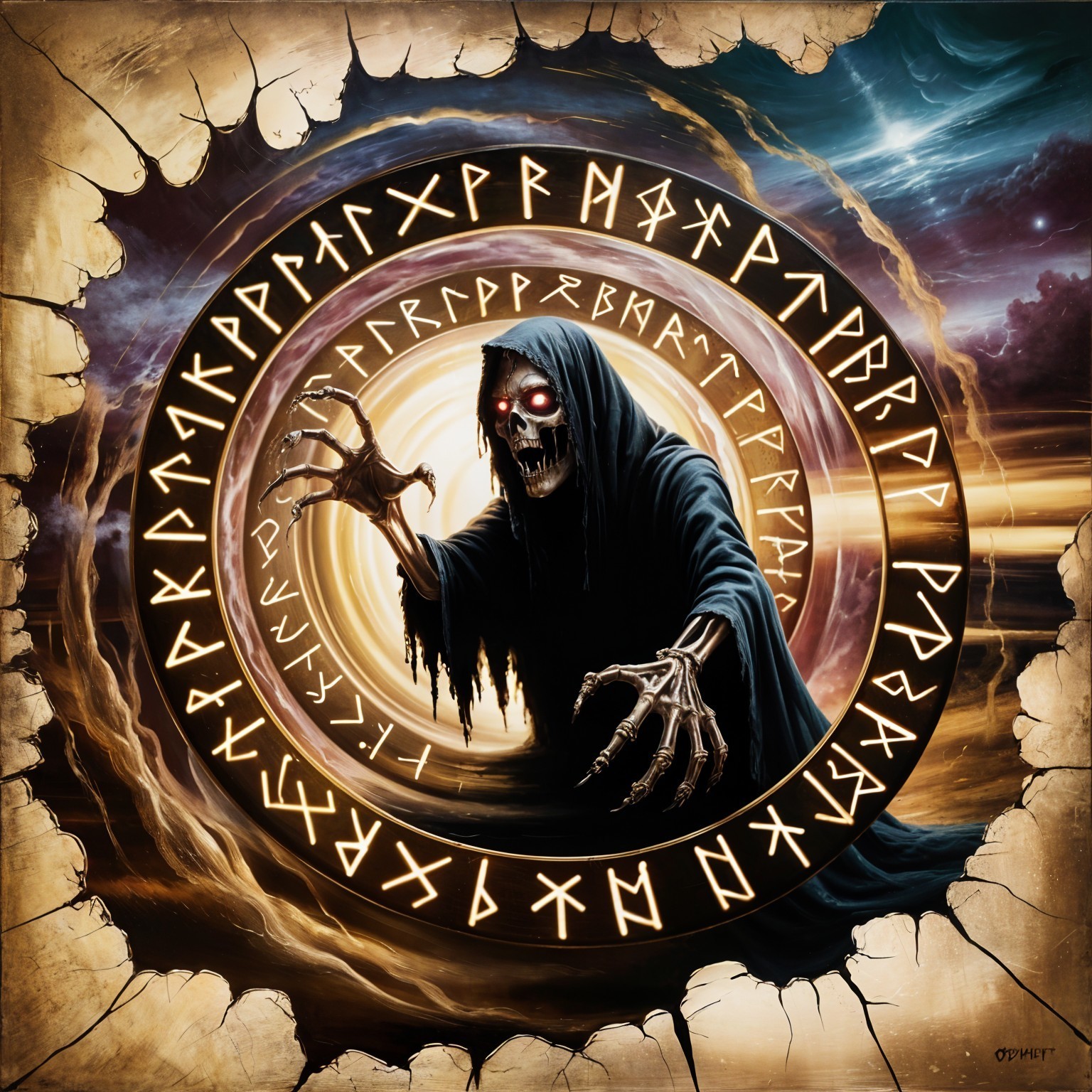 Hooded Figure in Vortex with Glowing Red Eyes