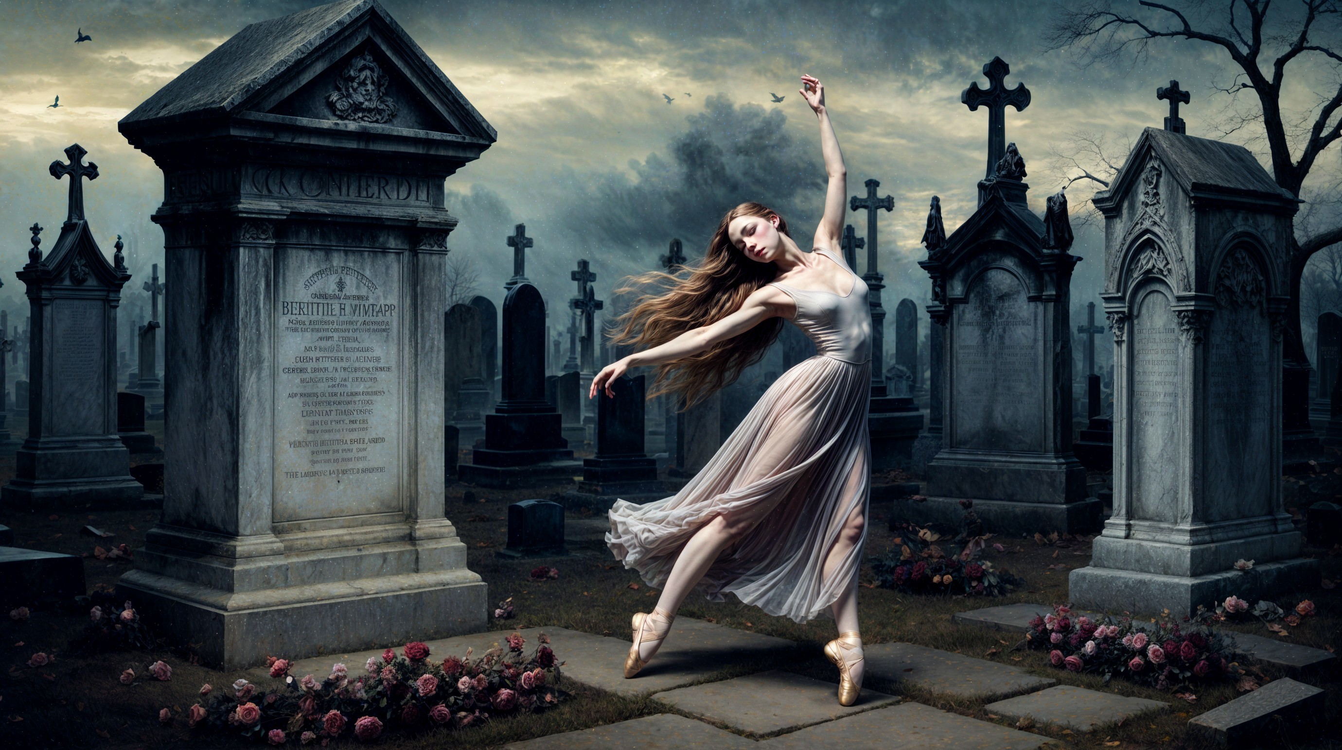 Ballerina in Graveyard with Tombstones and Roses