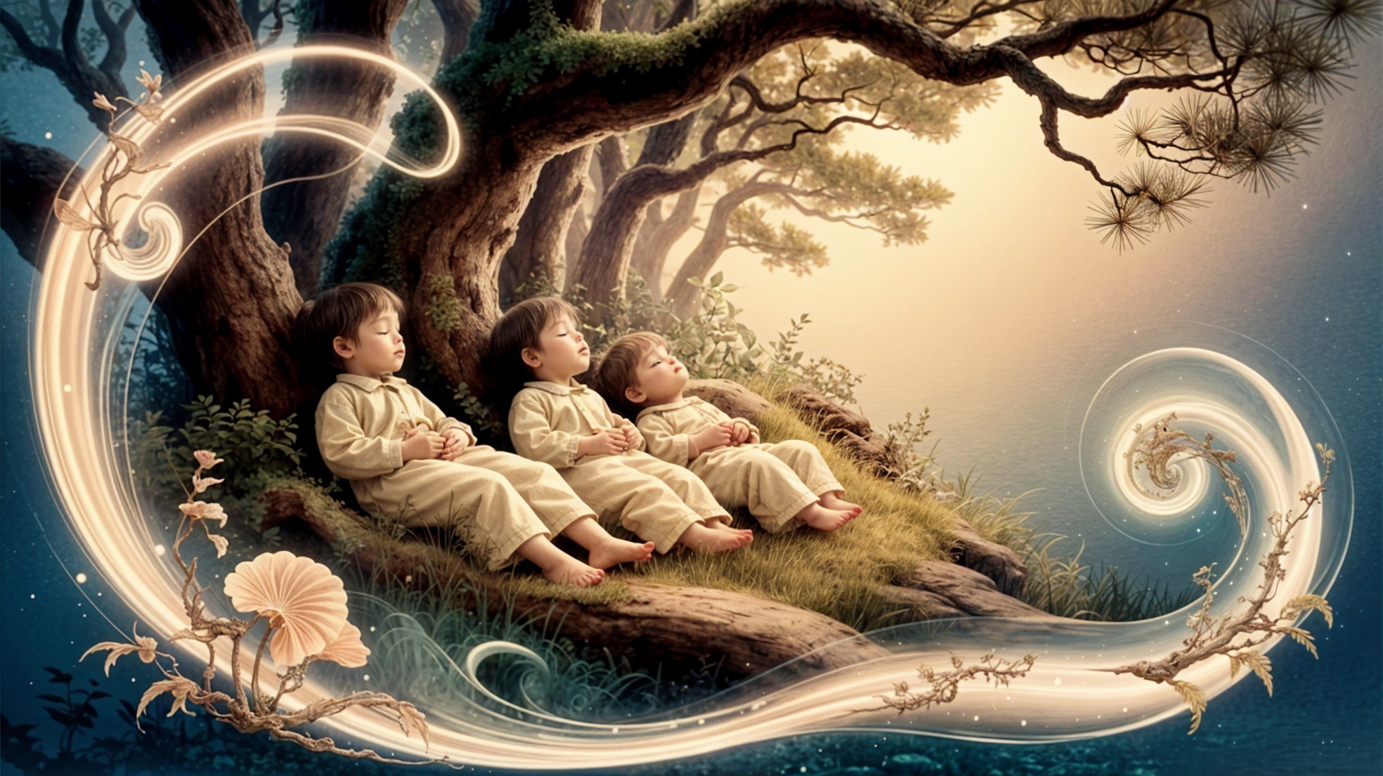 Children Sleeping Under an Ancient Tree in Nature