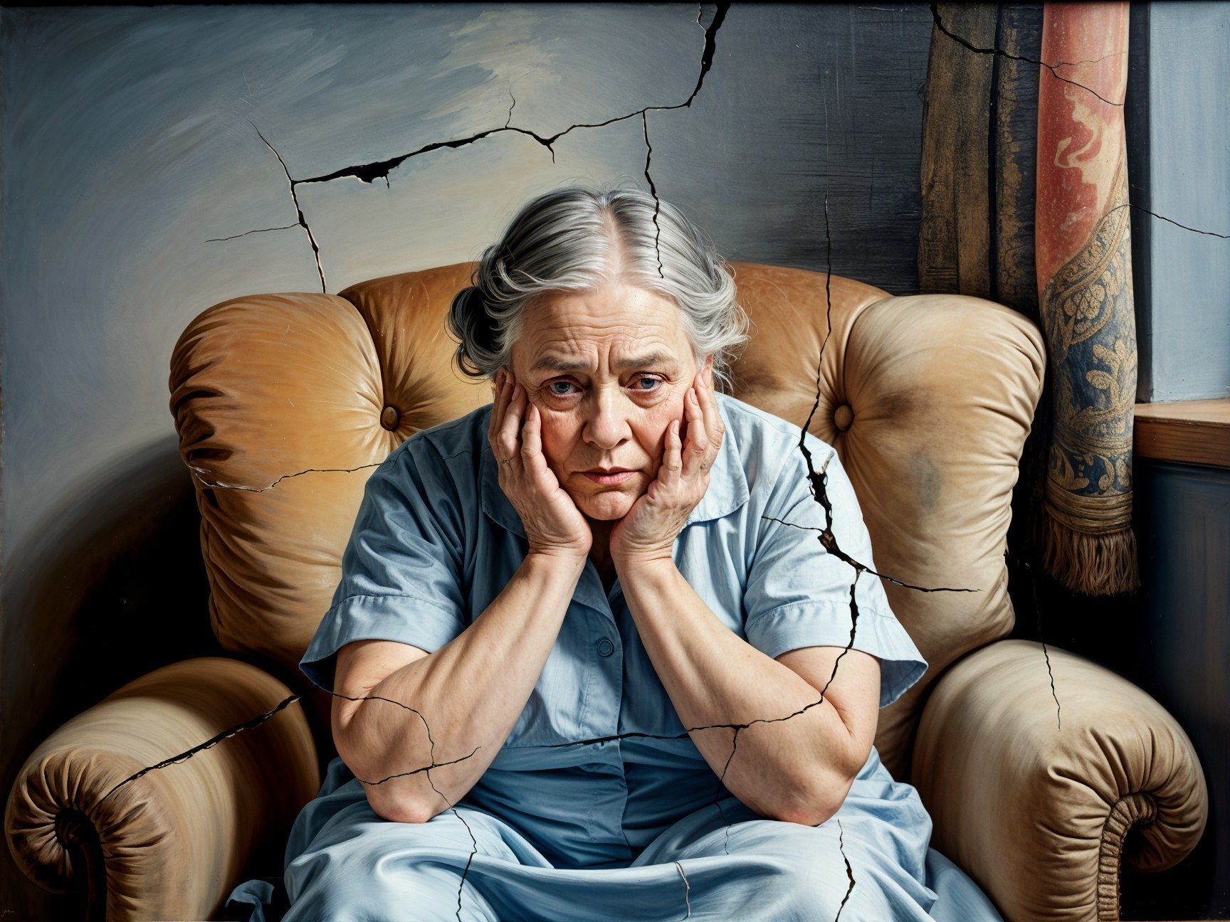 Elderly Woman in Worn Armchair with Troubled Expression