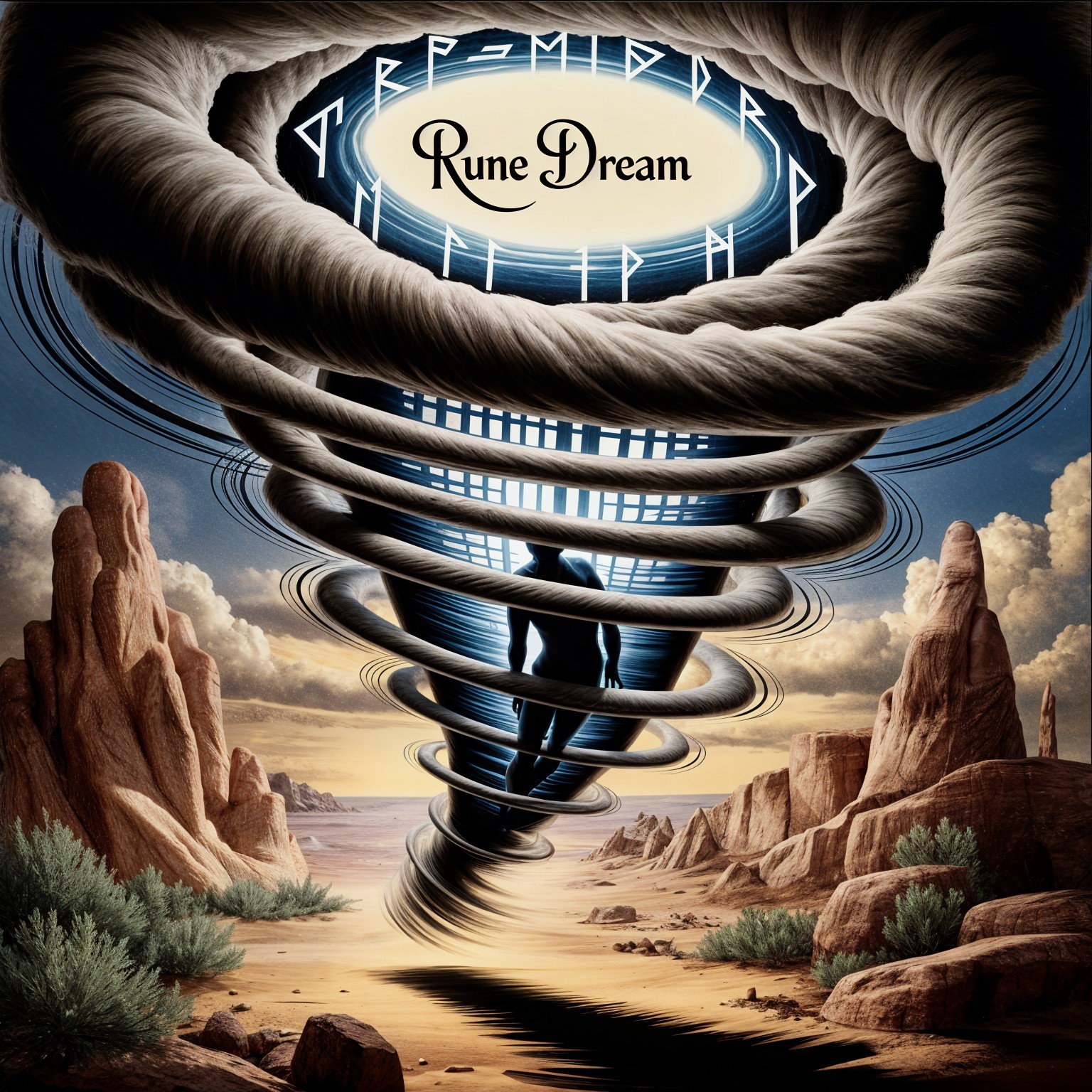 Surreal Landscape with Vortex and Ethereal Figure