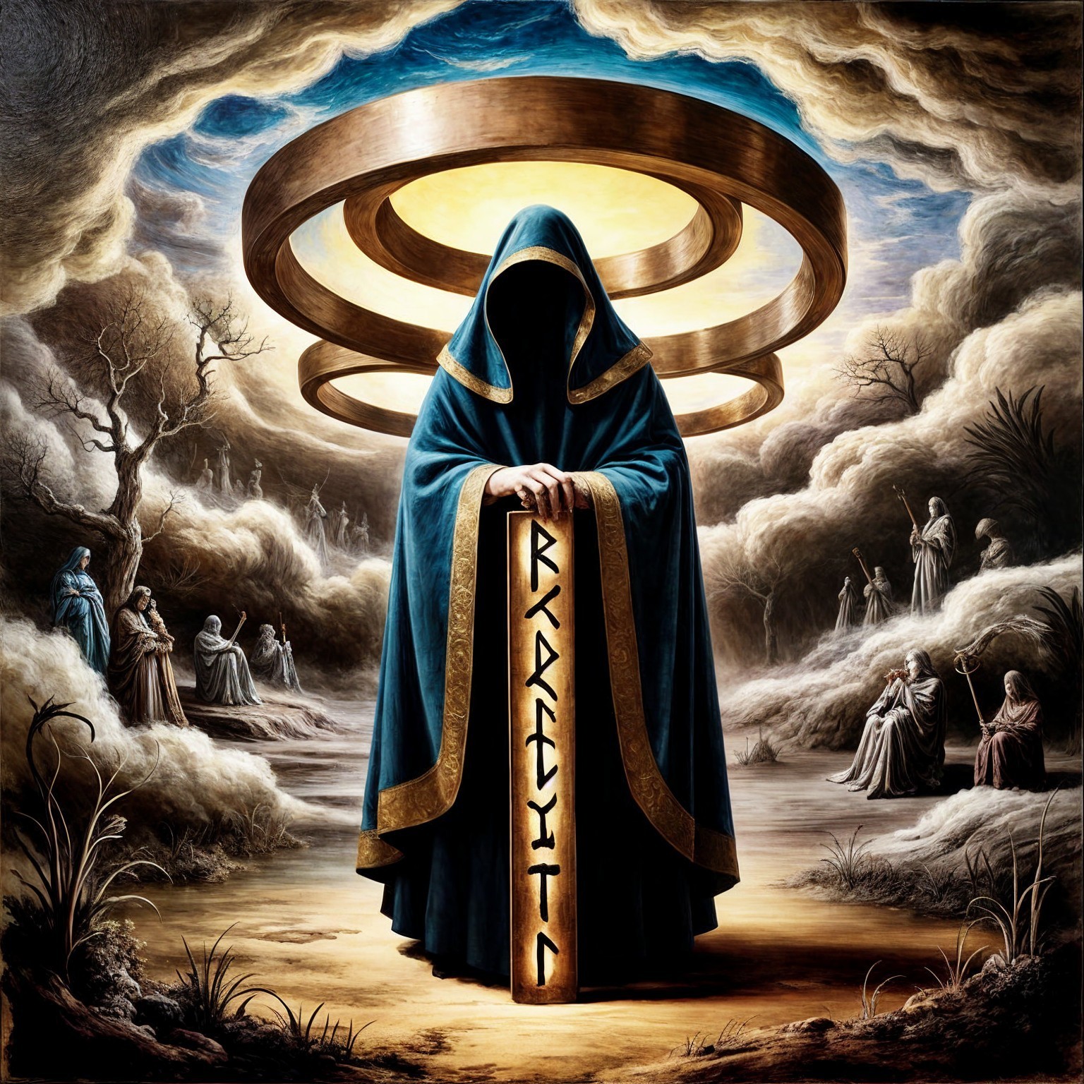 Cloaked Figure in Mystical Landscape with Stone Tablet