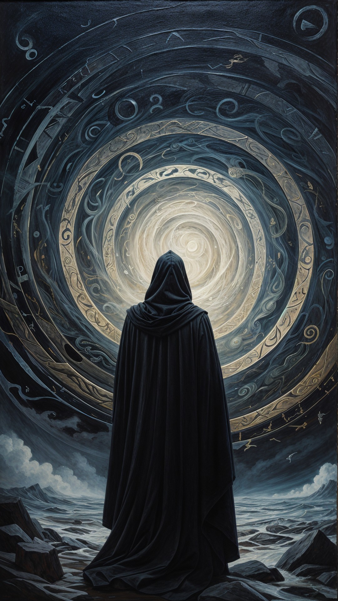 Cloaked Figure Against Ethereal Vortex and Rocky Terrain