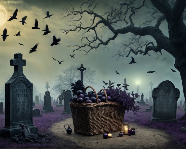 Cemetery Scene with Mist, Moonlight, and Bats