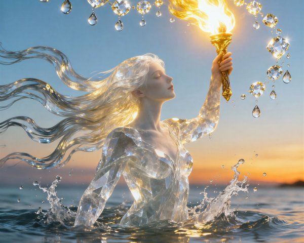 Photorealistic Woman with Crystal Hair Emerging from Ocean