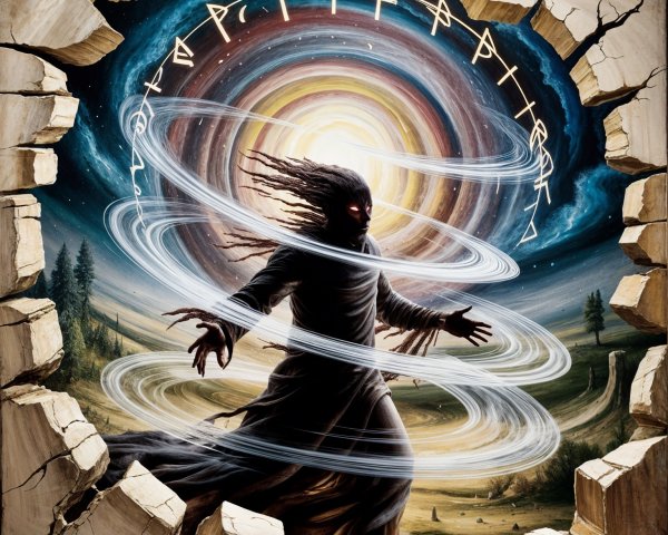 Dark Figure Emerging from Cracked Wall in Cosmic Scene