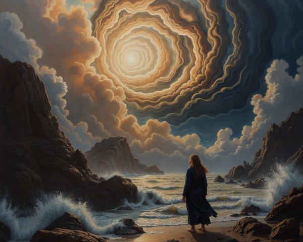 Surreal Coastal Scene with Flowing Blue Dress and Sky