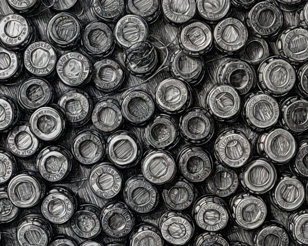 Close-Up View of Metallic Bottle Caps with Designs