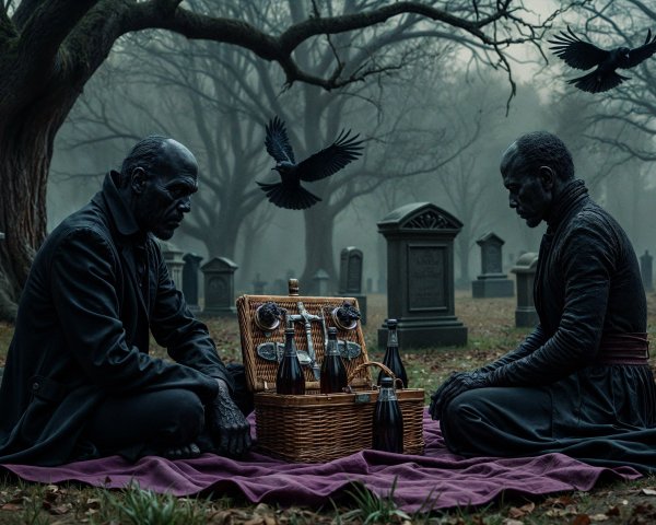 Figures in Dark Clothing Picnic in Misty Graveyard