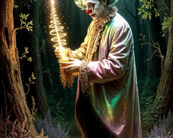 Whimsical Clown in a Mystical Forest Setting