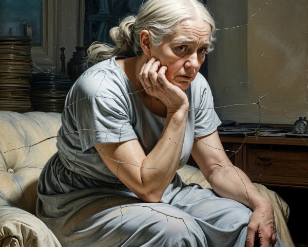 Elderly Woman Contemplating on Vintage Sofa in Dim Room