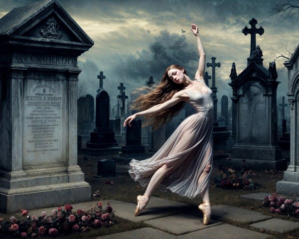 Ballerina in Graveyard with Tombstones and Roses