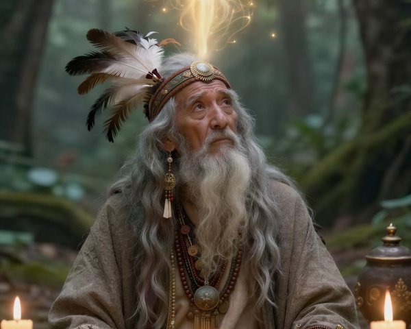 Old Man in Traditional Attire with Ethereal Angelic Figure