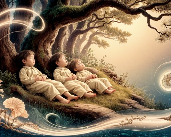 Children Sleeping Under an Ancient Tree in Nature