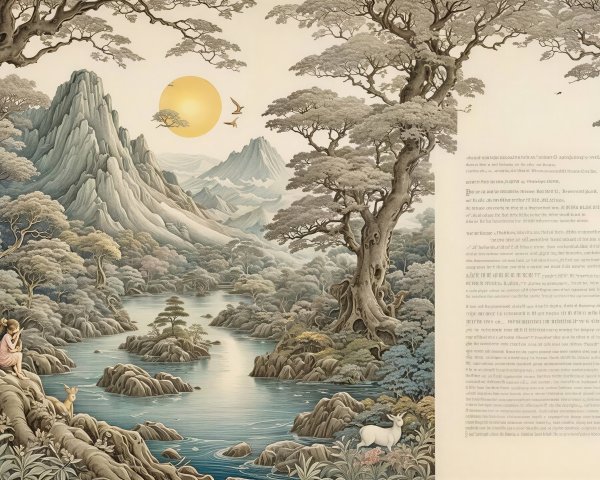 Fantasy Landscape with Trees and Serene Wildlife