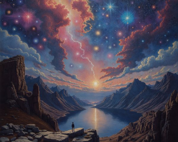 Vibrant Cosmic Landscape with Mountains and Waters