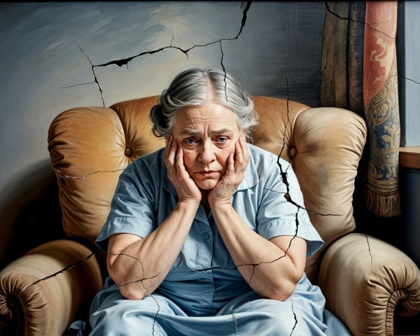 Elderly Woman in Worn Armchair with Troubled Expression